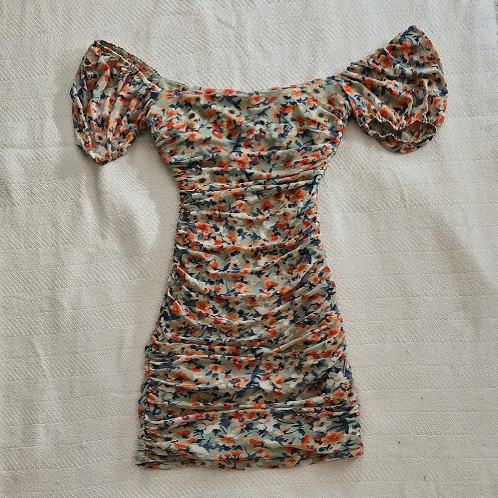 B. Smart Floral Ruched Mini Dress